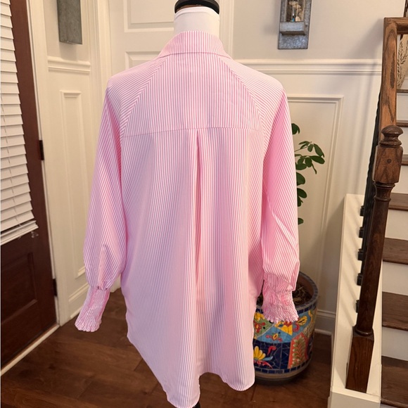 Boutique NWT Oversized Pink Striped Smocked Sleeve Button Down w/ Pockets - Picture 5 of 8